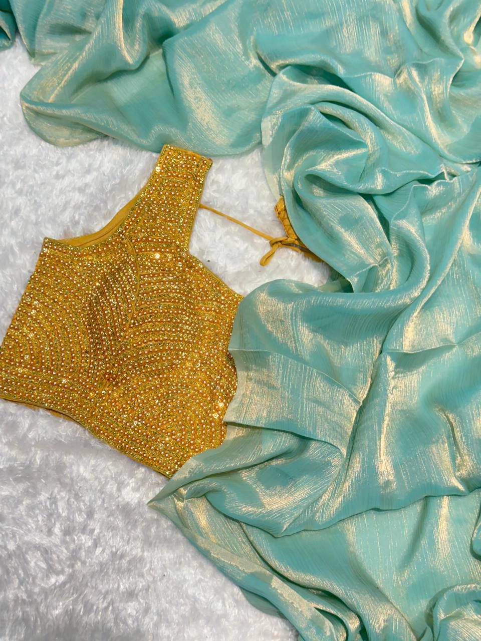 Glass Tissue Saree With Moti Work Stitched Blouse