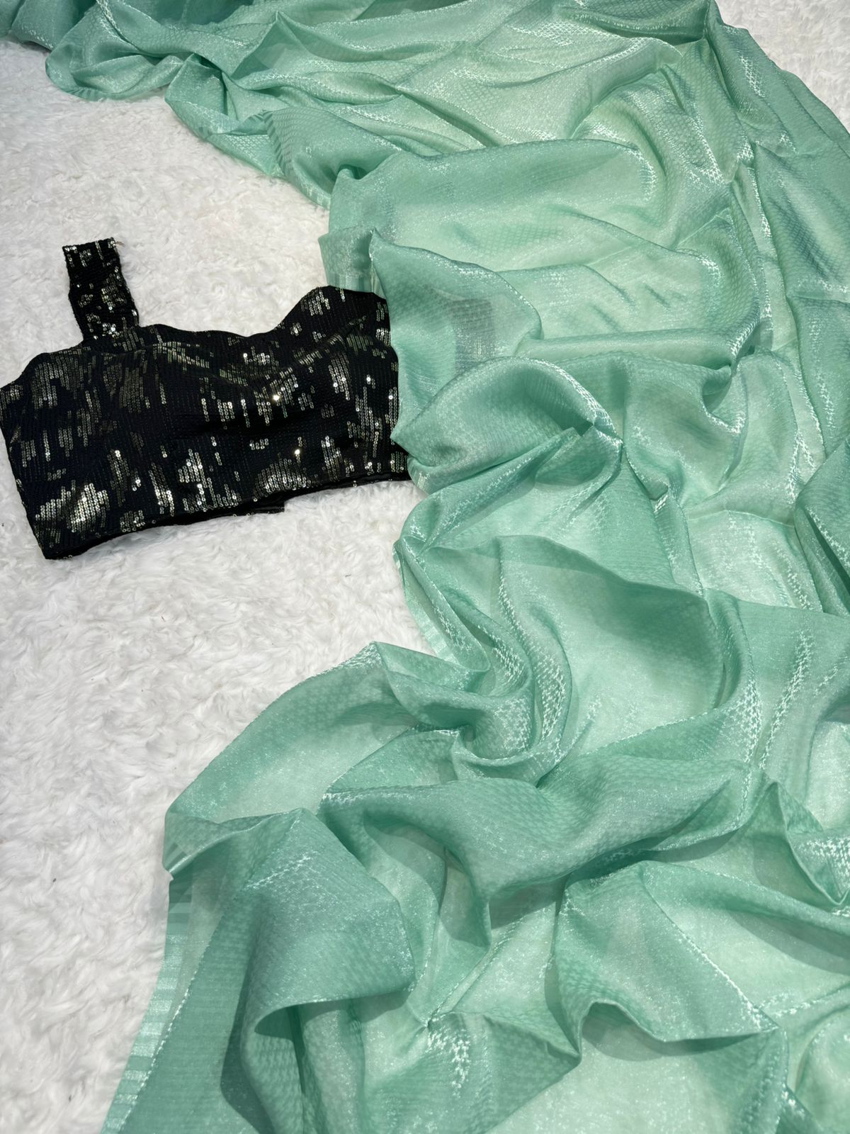 Designer Glass Tissue With Velvet Stitched Blouse