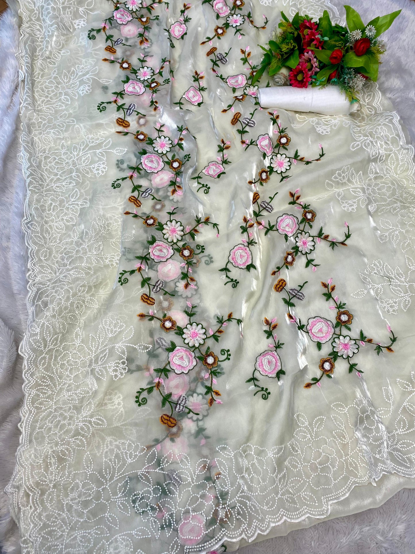 White threadwork designer saree