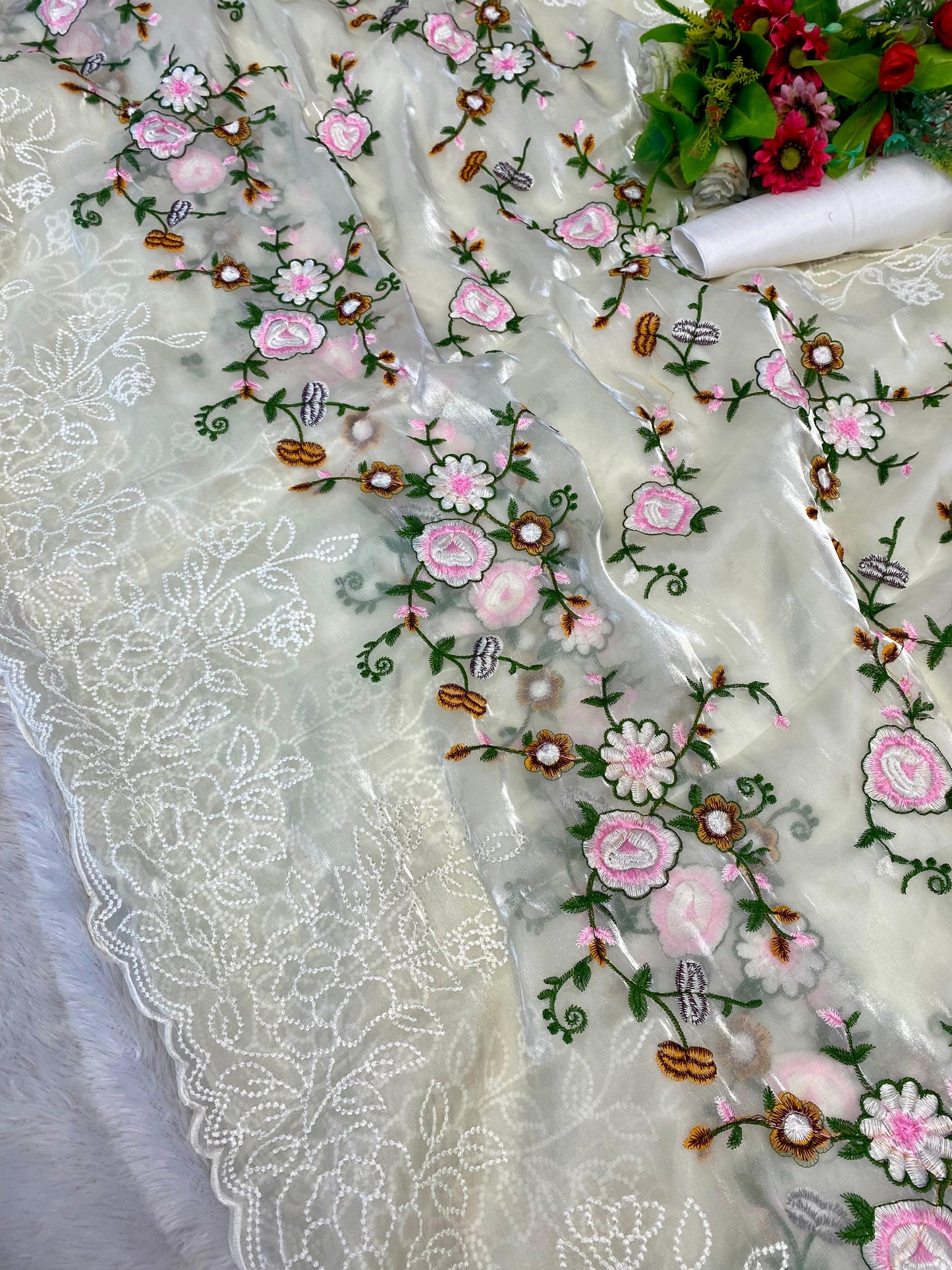 White threadwork designer saree