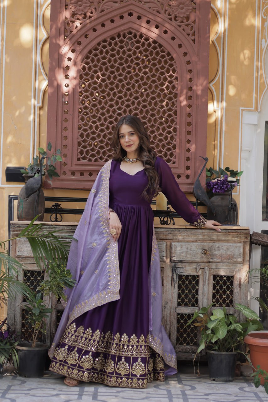 Star Georgette Purple Gown with Light Purple Dupatta
