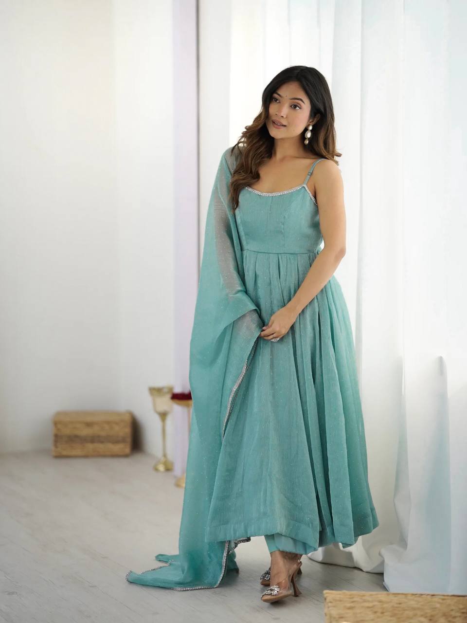 Siroski work Crunchy Silk Anarkali