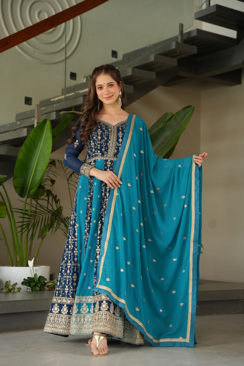 Dual Pattern Gown with Zari & Sequins Embroidered work