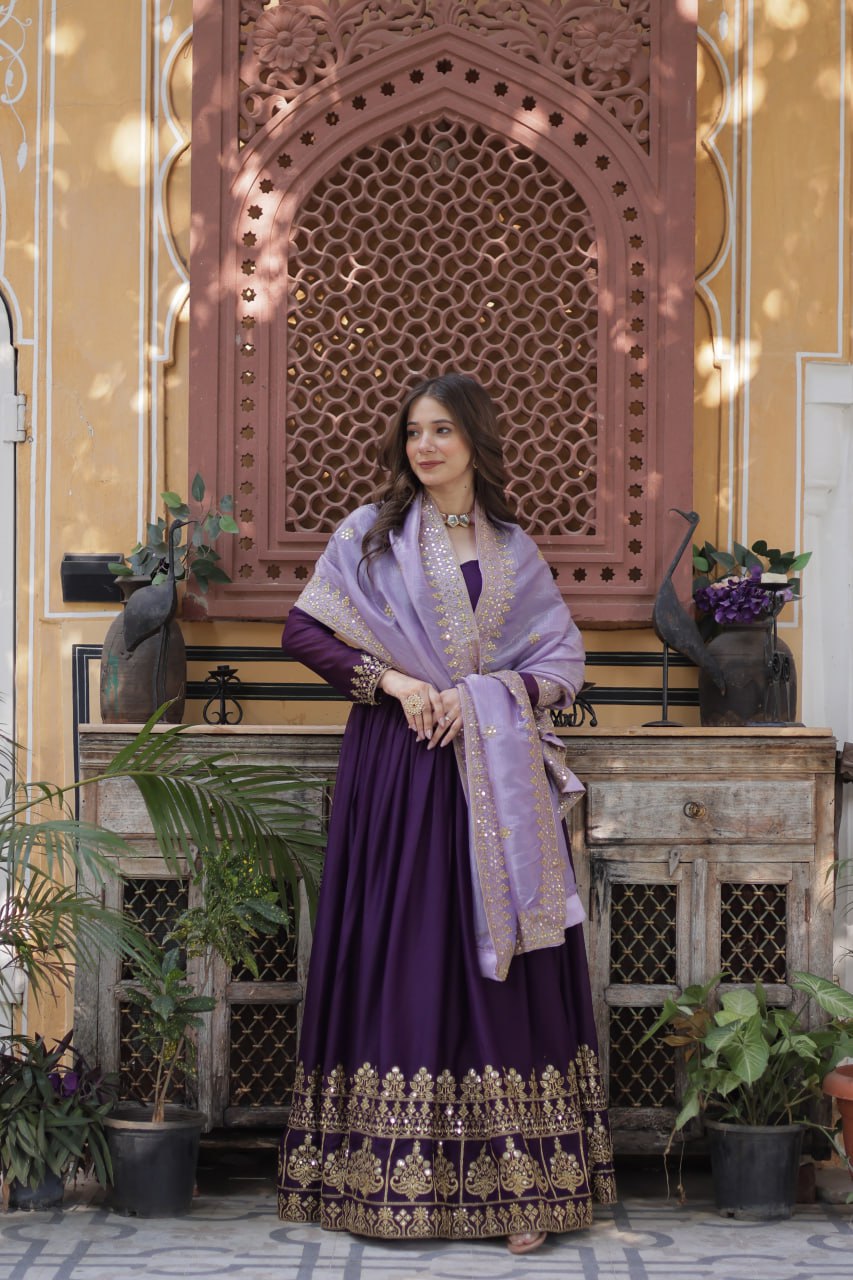 Star Georgette Purple Gown with Light Purple Dupatta