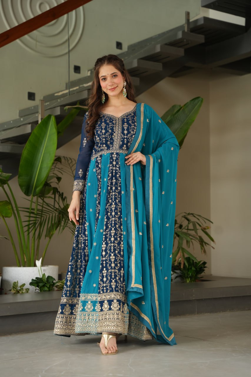 Dual Pattern Gown with Zari & Sequins Embroidered work