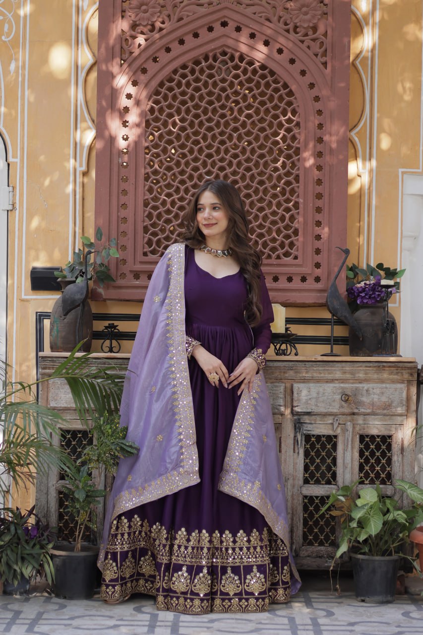 Star Georgette Purple Gown with Light Purple Dupatta