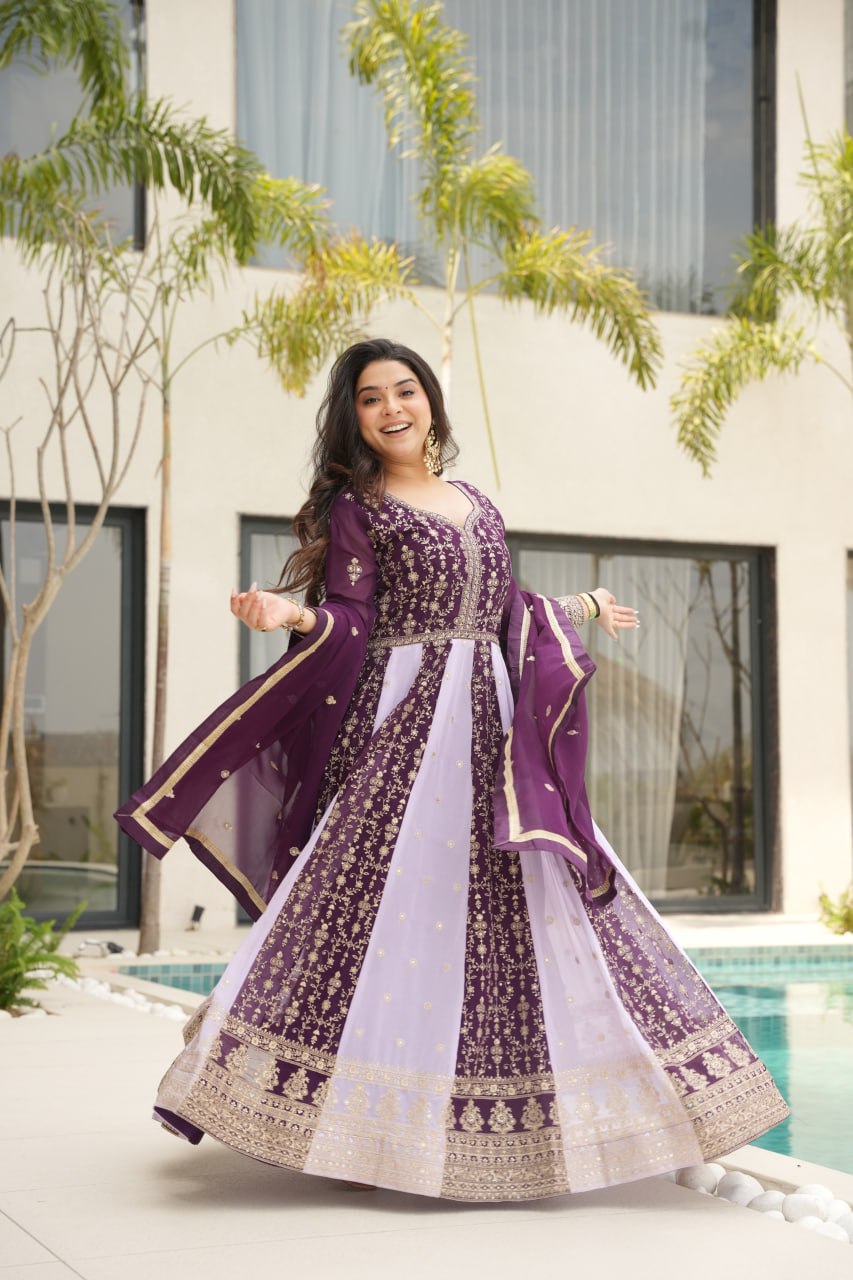 Dual Pattern Gown with Zari & Sequins Embroidered work