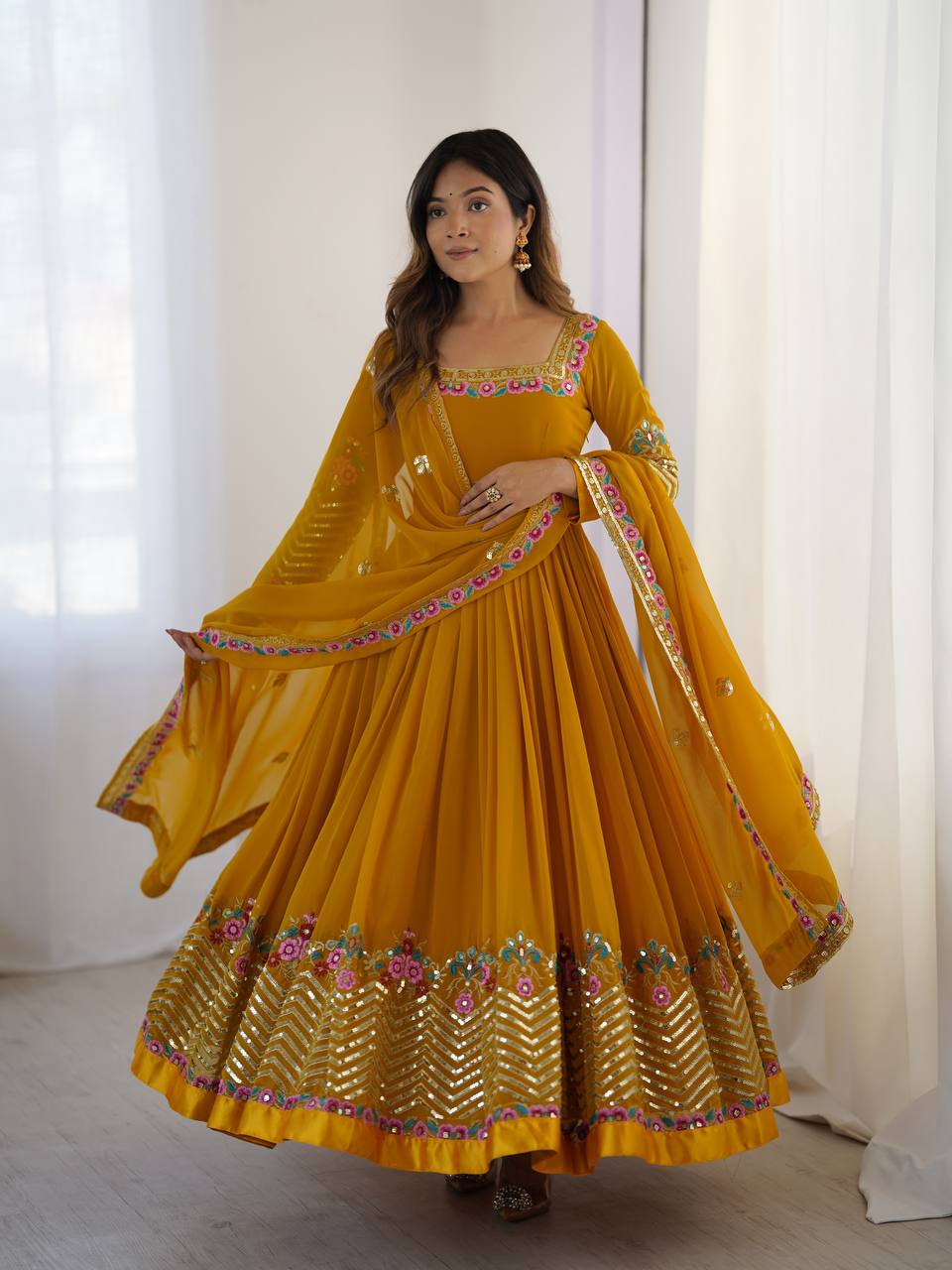 Georgette Anarkali with Multi thread embroidery work