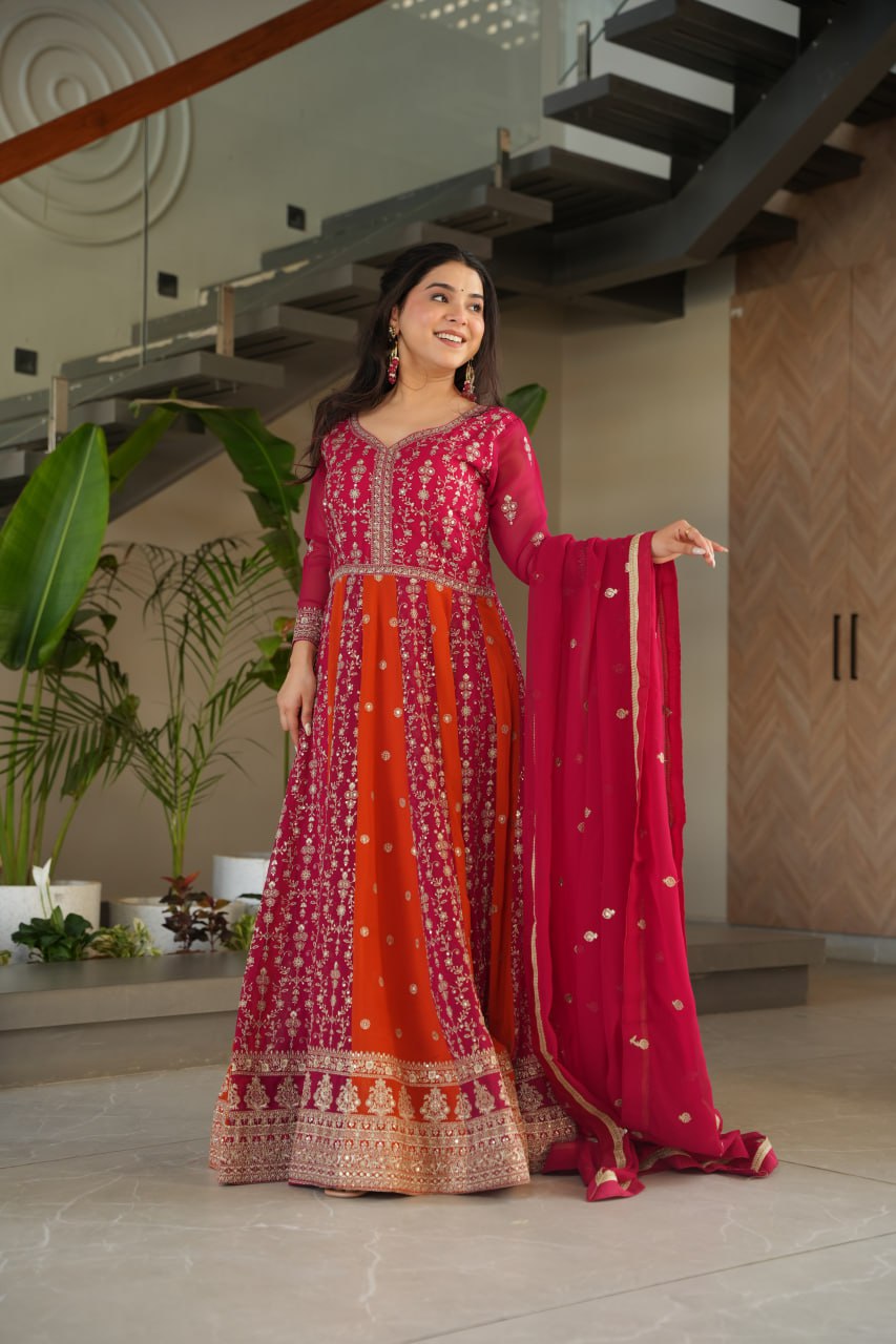 Dual Pattern Gown with Zari & Sequins Embroidered work