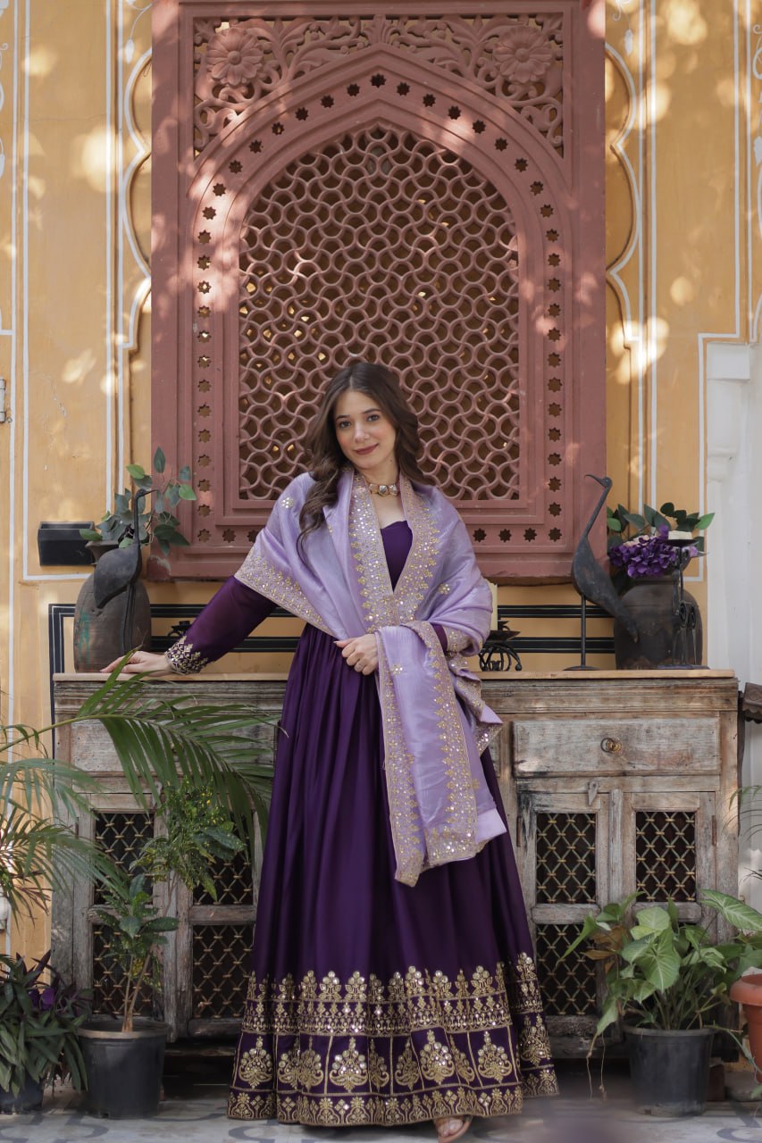Star Georgette Purple Gown with Light Purple Dupatta