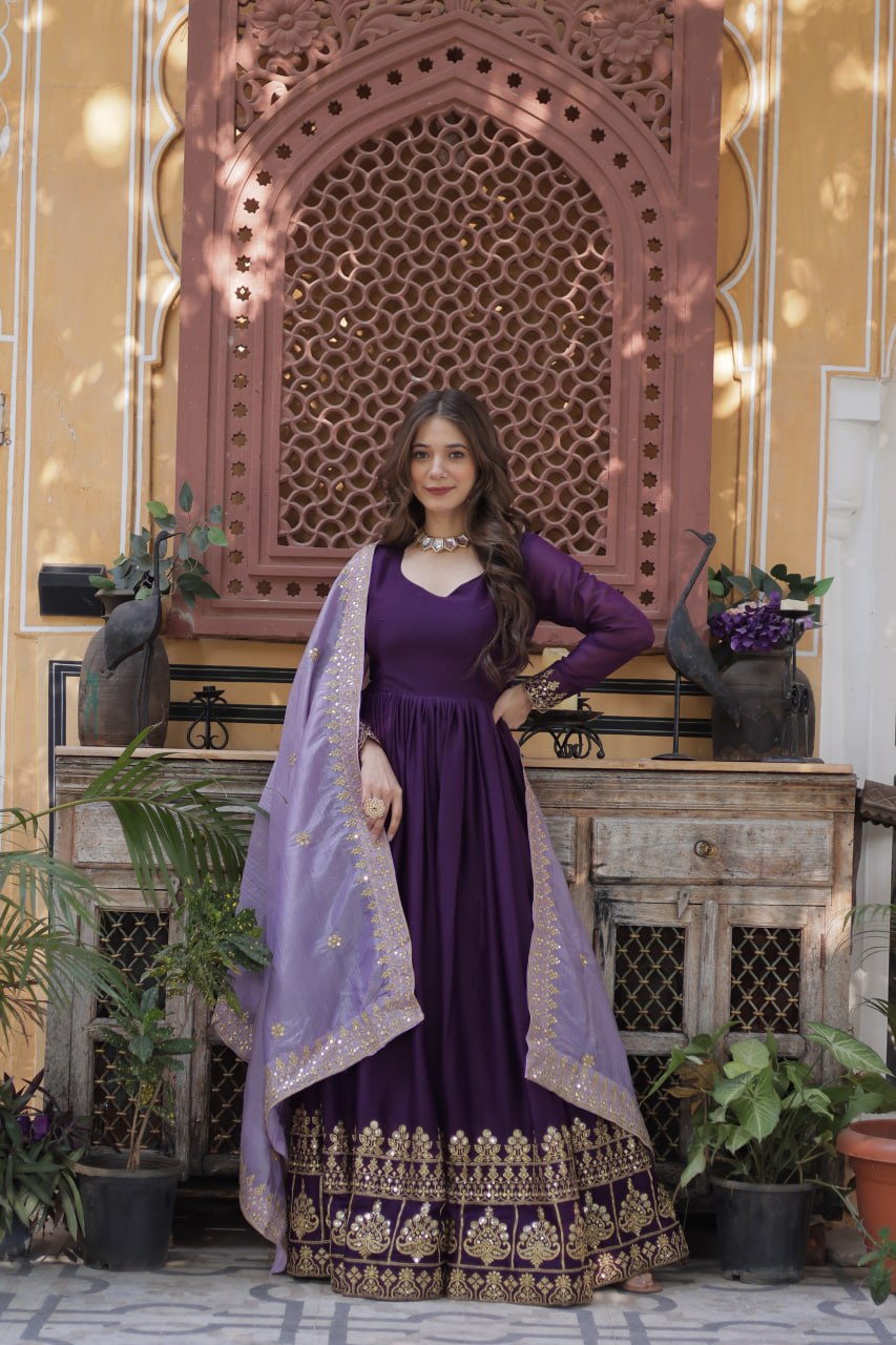 Star Georgette Purple Gown with Light Purple Dupatta
