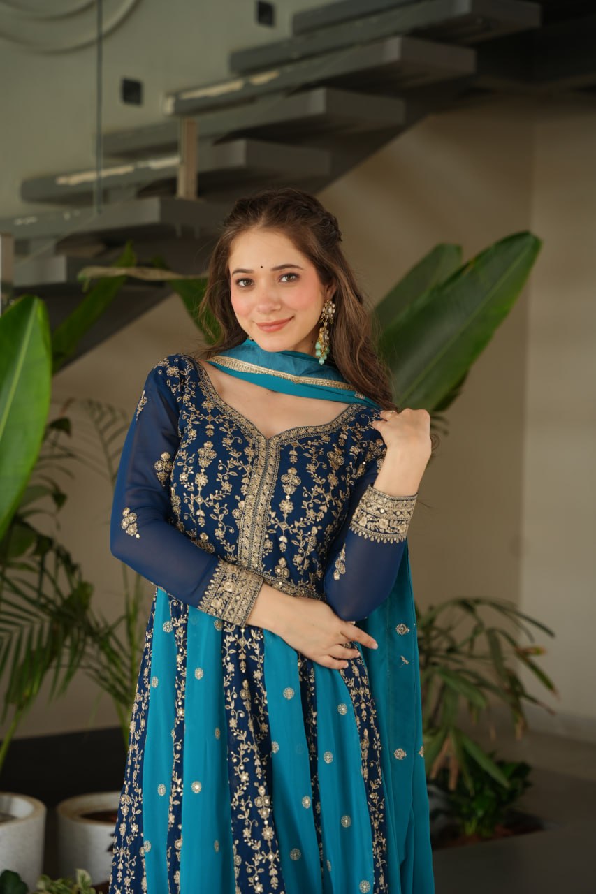 Dual Pattern Gown with Zari & Sequins Embroidered work