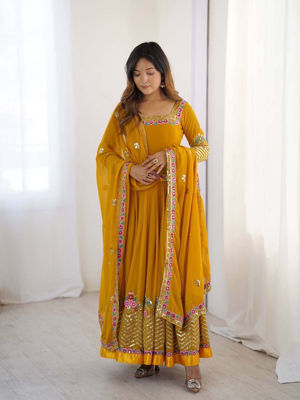 Georgette Anarkali with Multi thread embroidery work