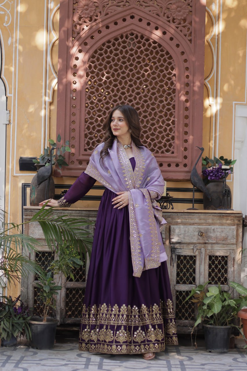 Star Georgette Purple Gown with Light Purple Dupatta
