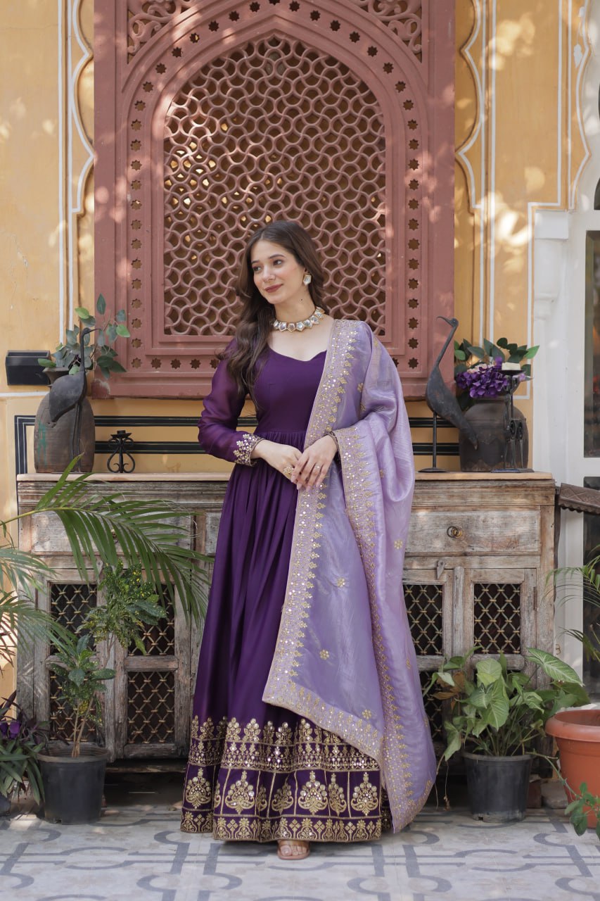 Star Georgette Purple Gown with Light Purple Dupatta