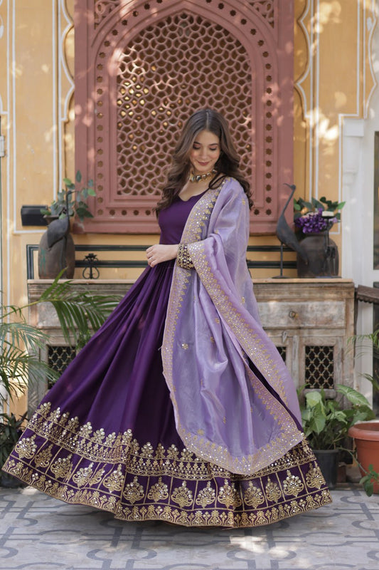 Star Georgette Purple Gown with Light Purple Dupatta