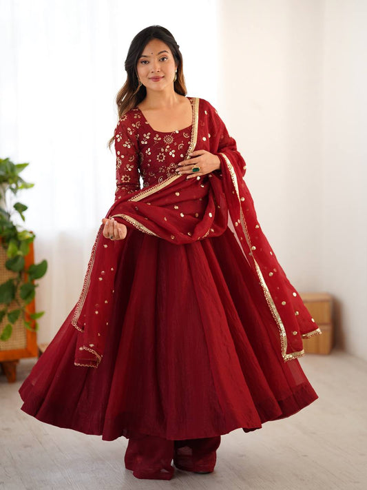 Crunchy Silk Maroon Anarkali with beautiful Dupatta