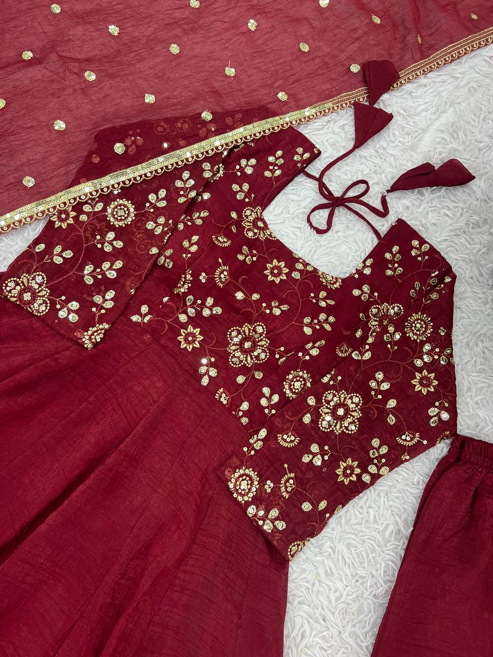 Crunchy Silk Maroon Anarkali with beautiful Dupatta
