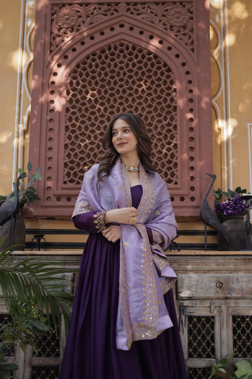 Star Georgette Purple Gown with Light Purple Dupatta