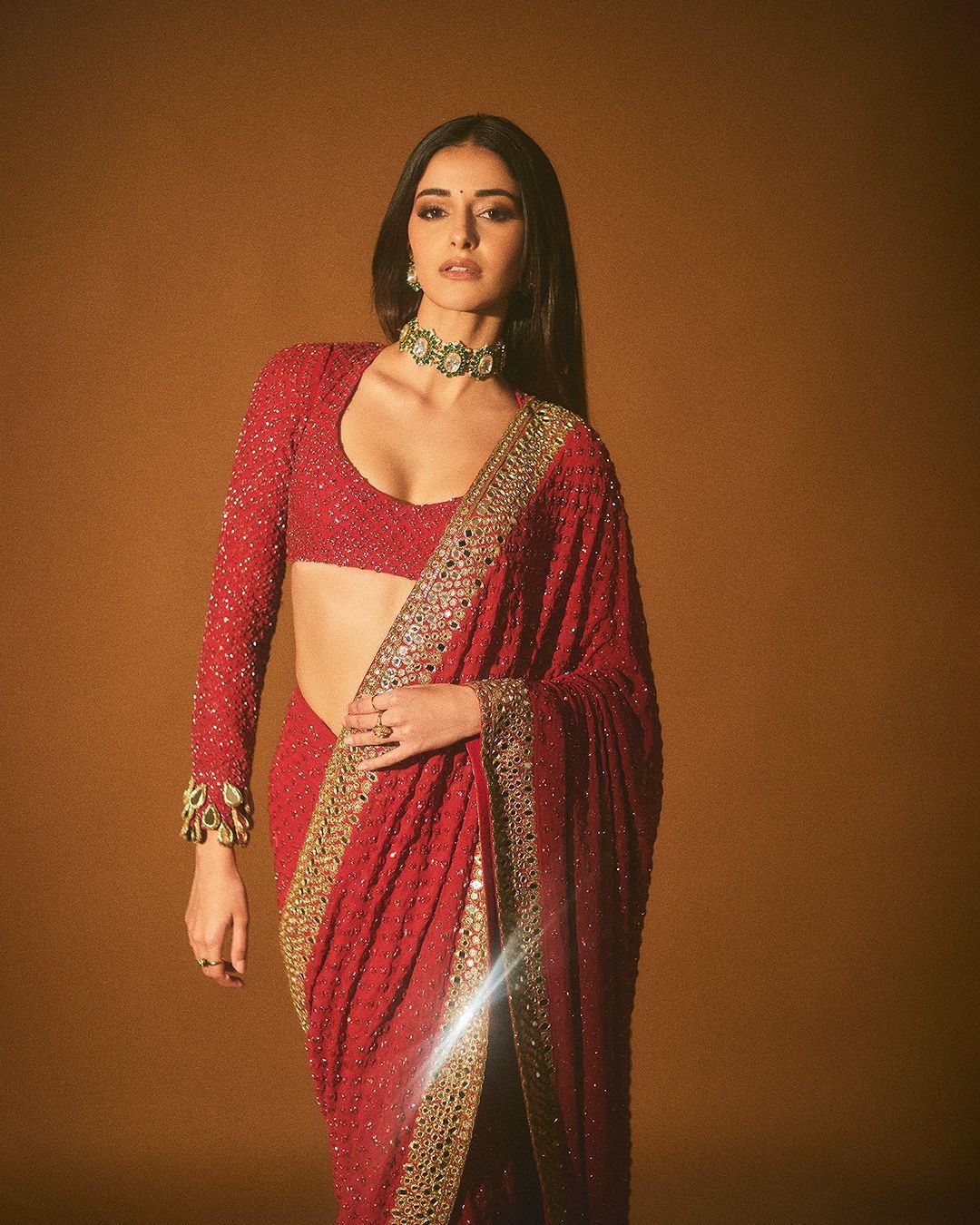 Ananya pandey inspired red sequins and threadwork Saree