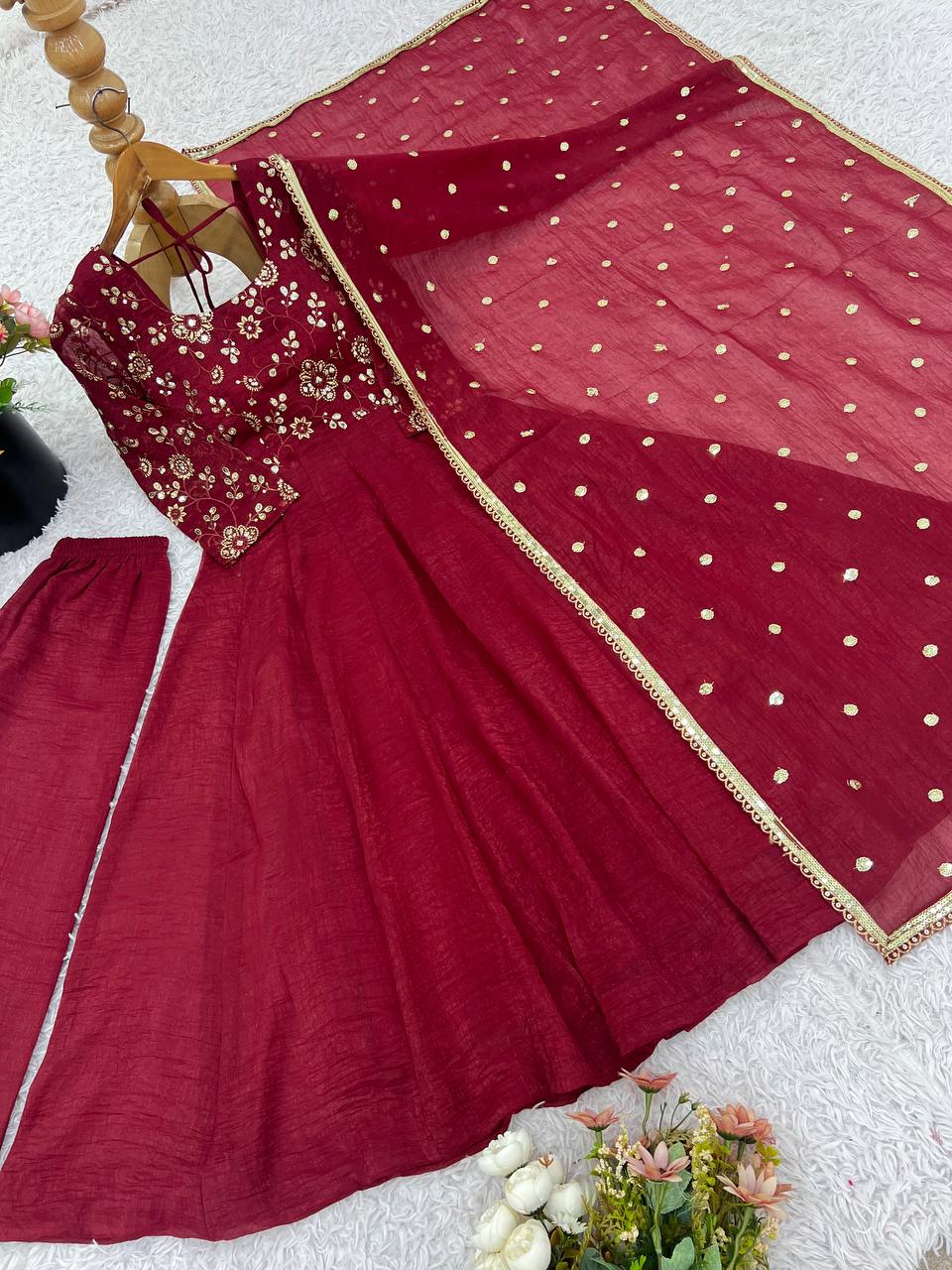 Crunchy Silk Maroon Anarkali with beautiful Dupatta