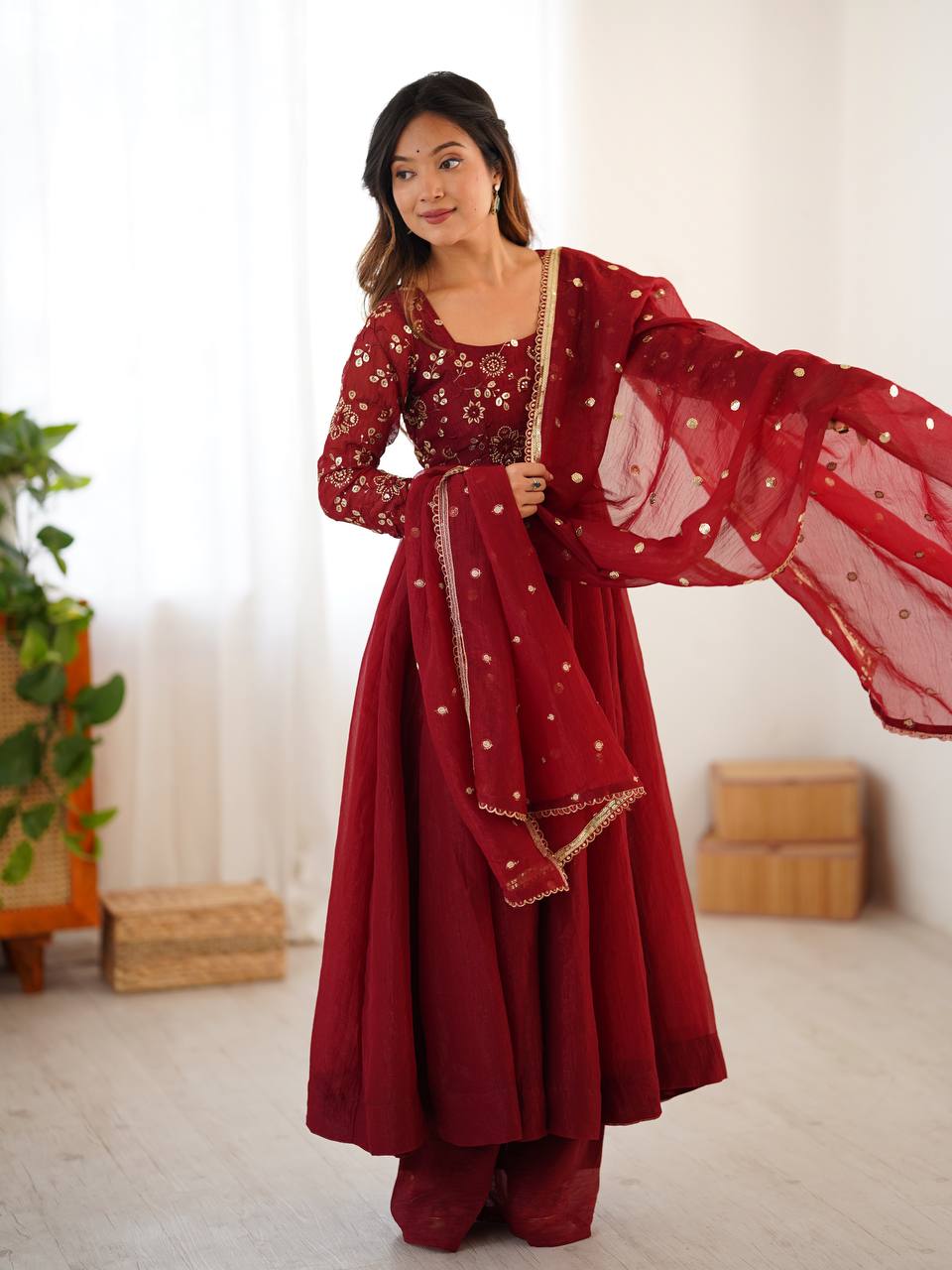 Crunchy Silk Maroon Anarkali with beautiful Dupatta