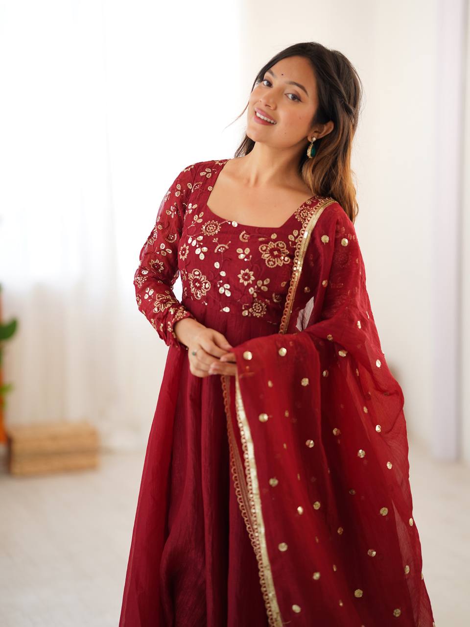 Crunchy Silk Maroon Anarkali with beautiful Dupatta