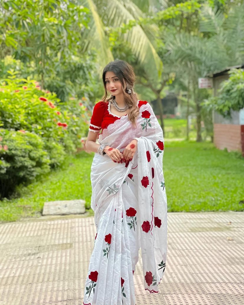 Taapsee Pannu inspired white and red embroidered saree