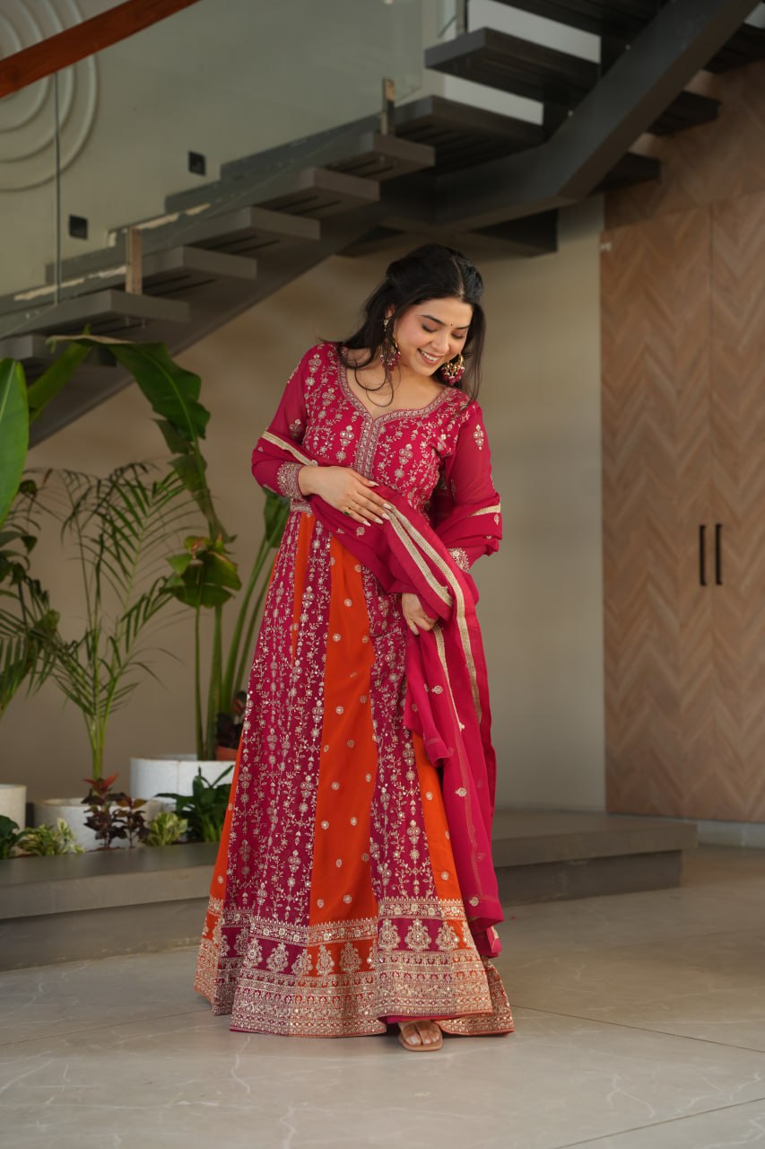 Dual Pattern Gown with Zari & Sequins Embroidered work