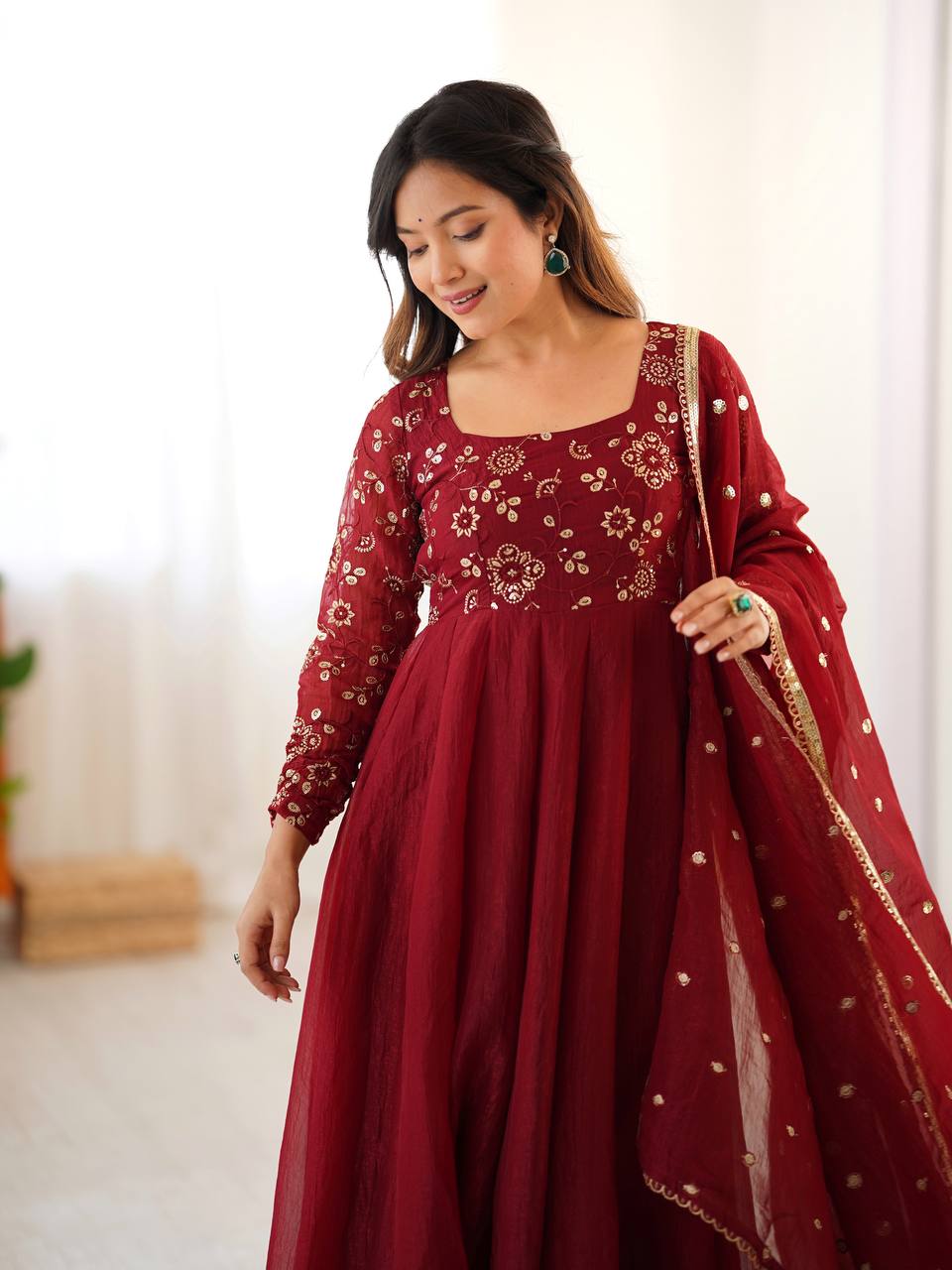 Crunchy Silk Maroon Anarkali with beautiful Dupatta