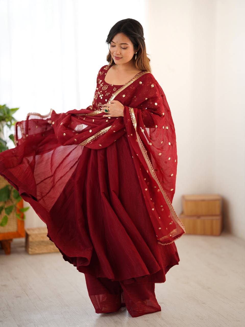 Crunchy Silk Maroon Anarkali with beautiful Dupatta