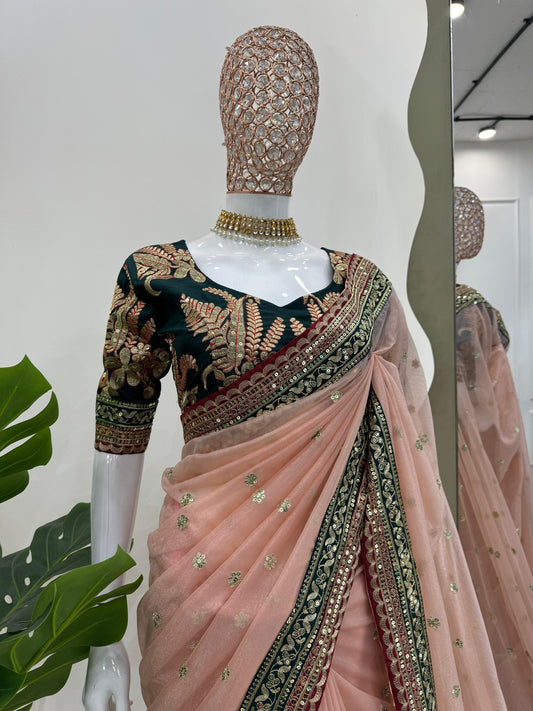 Designer net saree with sequence blouse