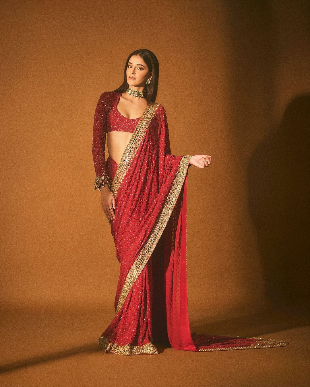 Ananya pandey inspired red sequins and threadwork Saree