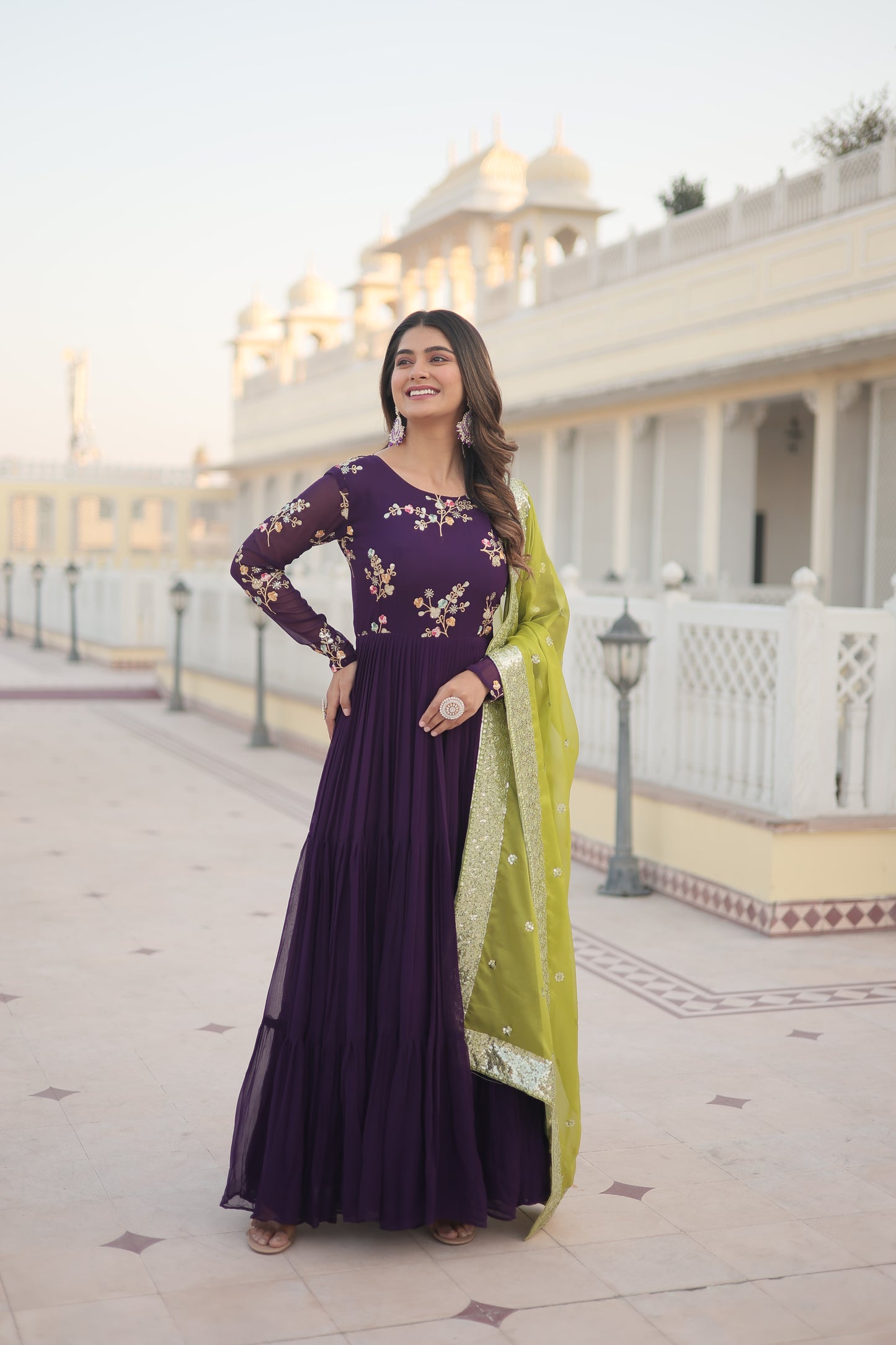 Colorful contrast flared gown and dupatta set