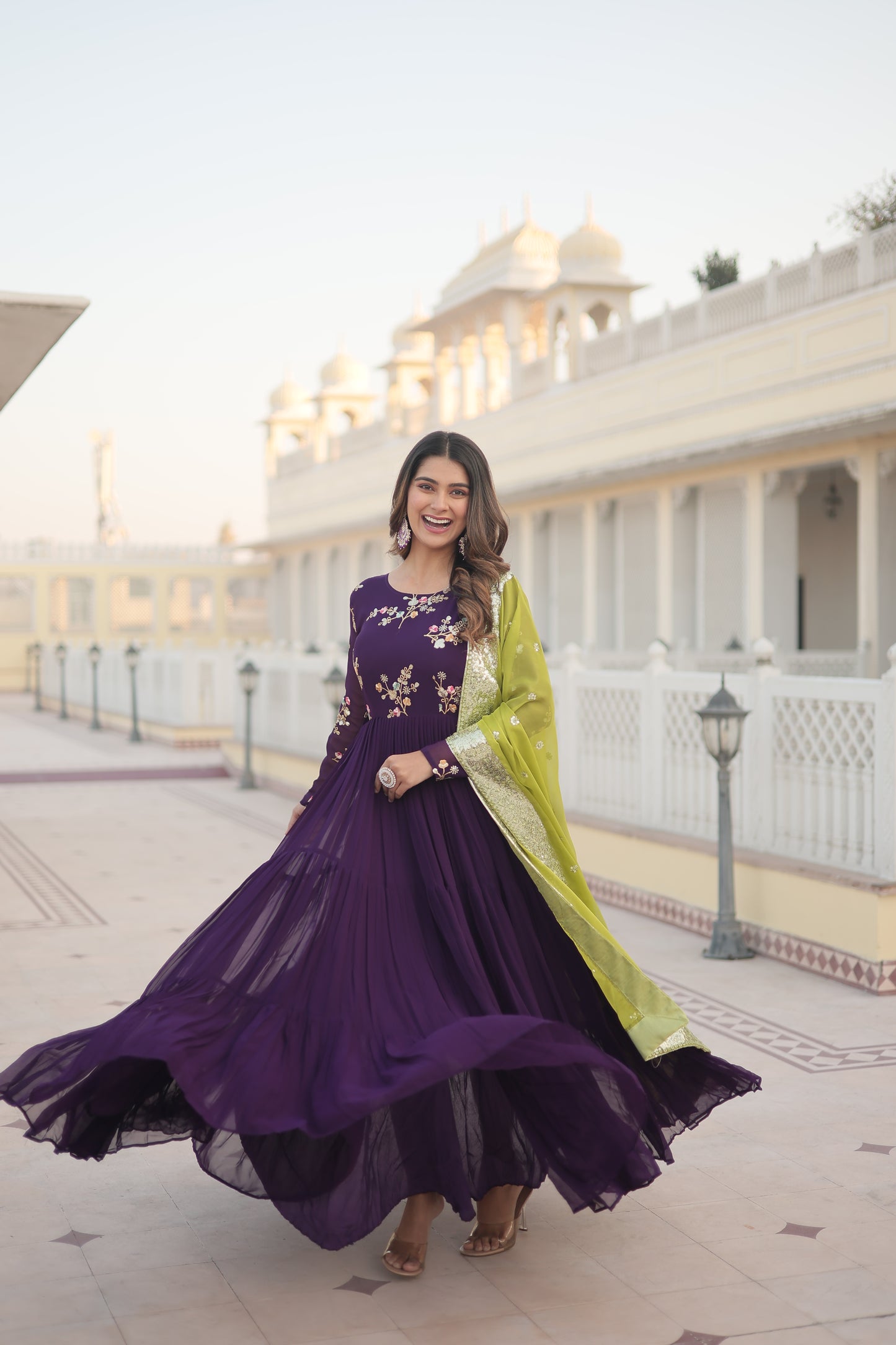 Colorful contrast flared gown and dupatta set