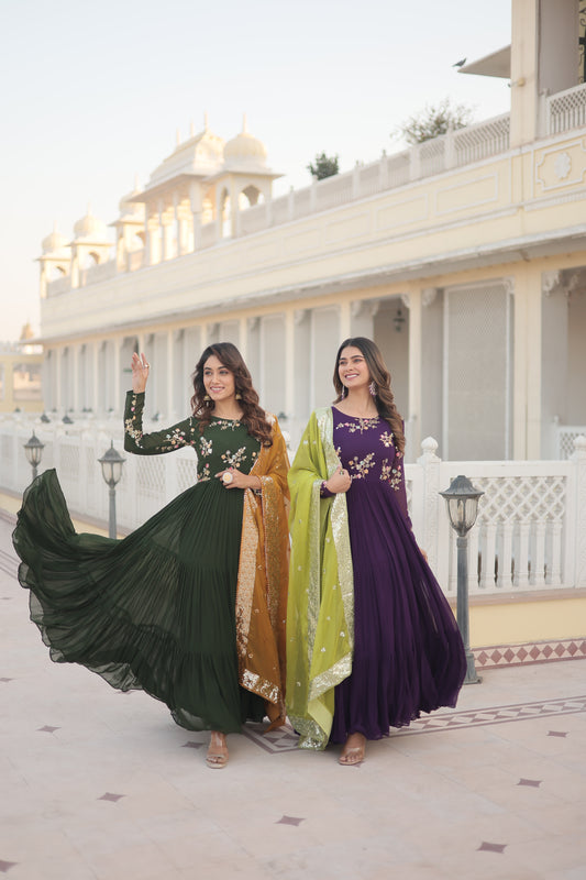 Colorful contrast flared gown and dupatta set