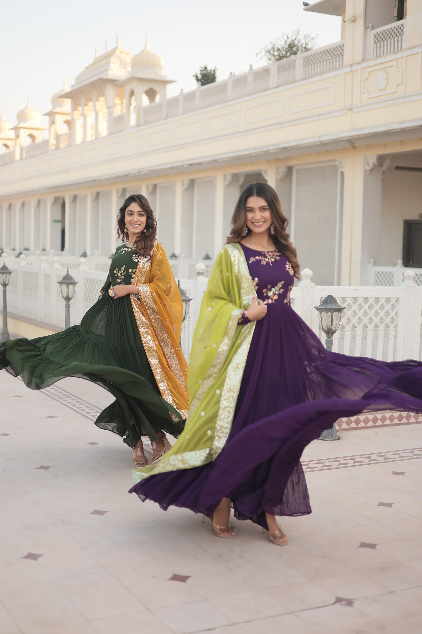 Colorful contrast flared gown and dupatta set