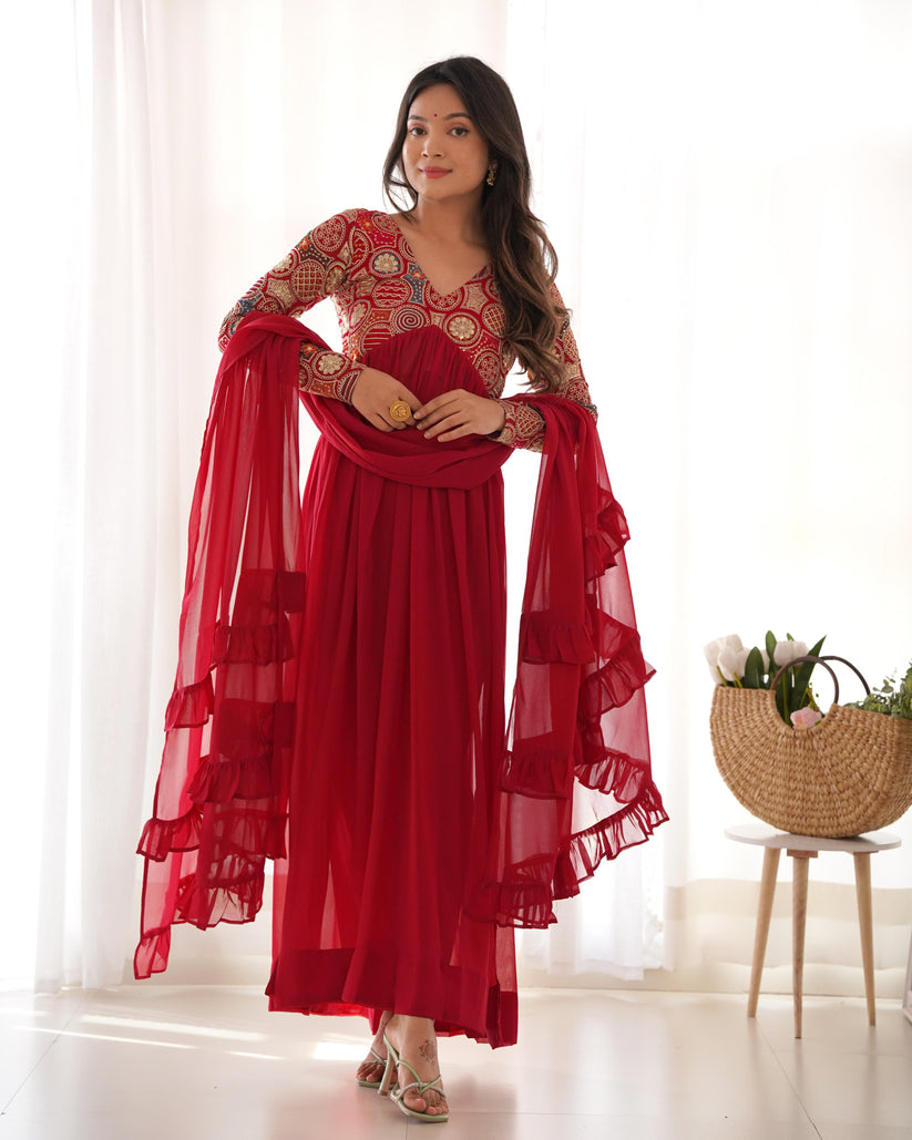 Pinkish Red Georgette Needle Embroidery Anarkali Suit