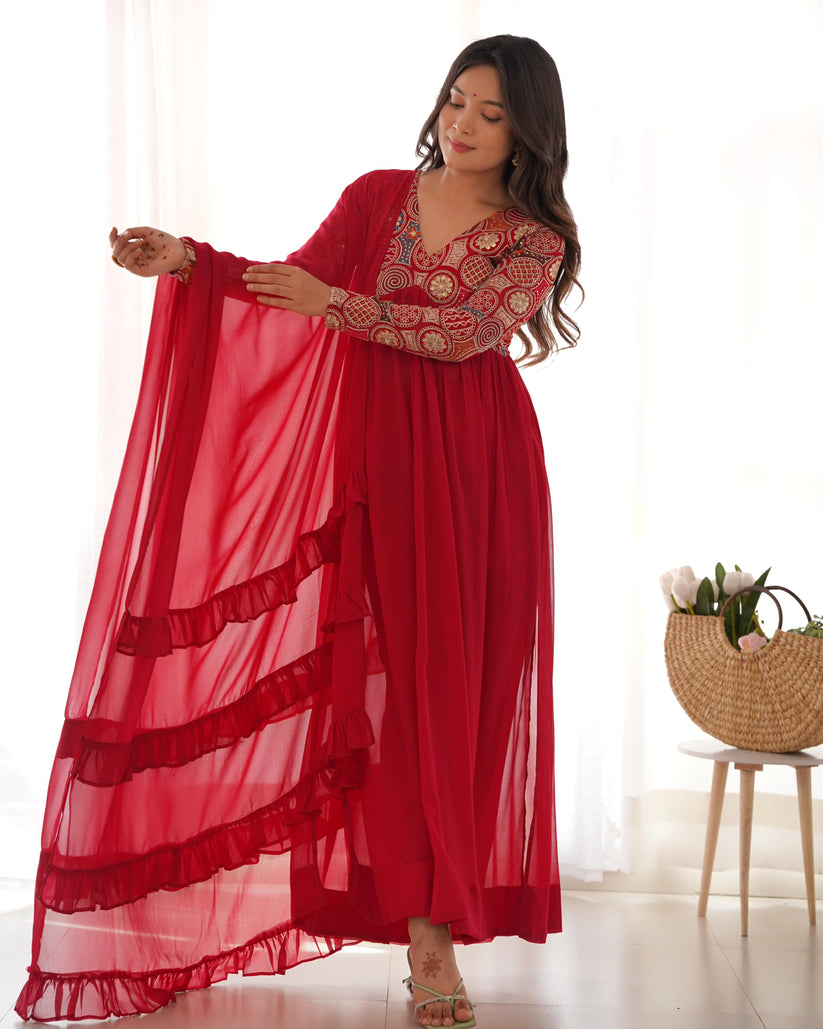 Pinkish Red Georgette Needle Embroidery Anarkali Suit