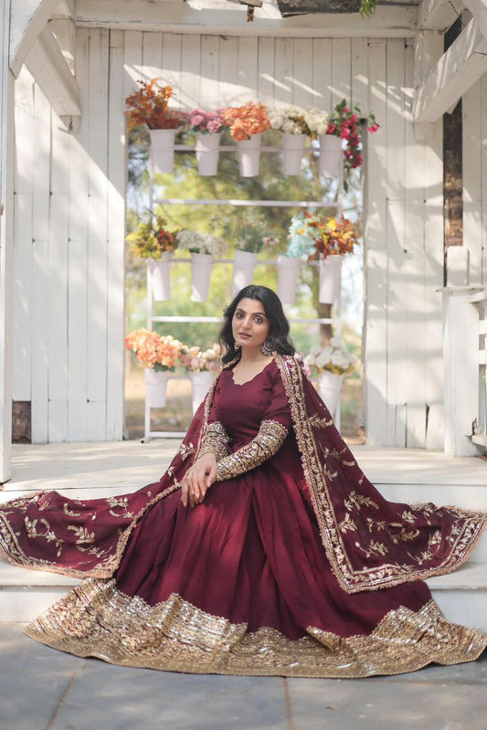 Dark Maroon Vichitra Rich Sequins Work Anarkali Gown