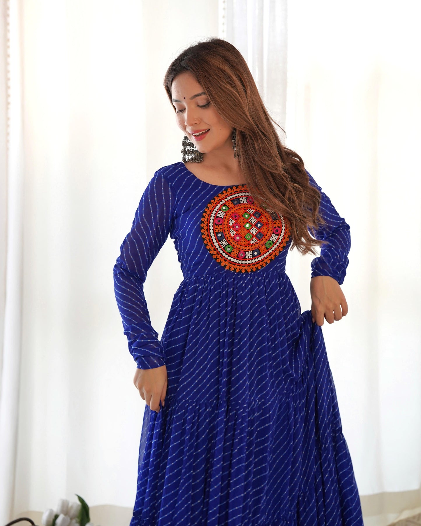 Georgette Laheriya Printed Yoke Work Gown