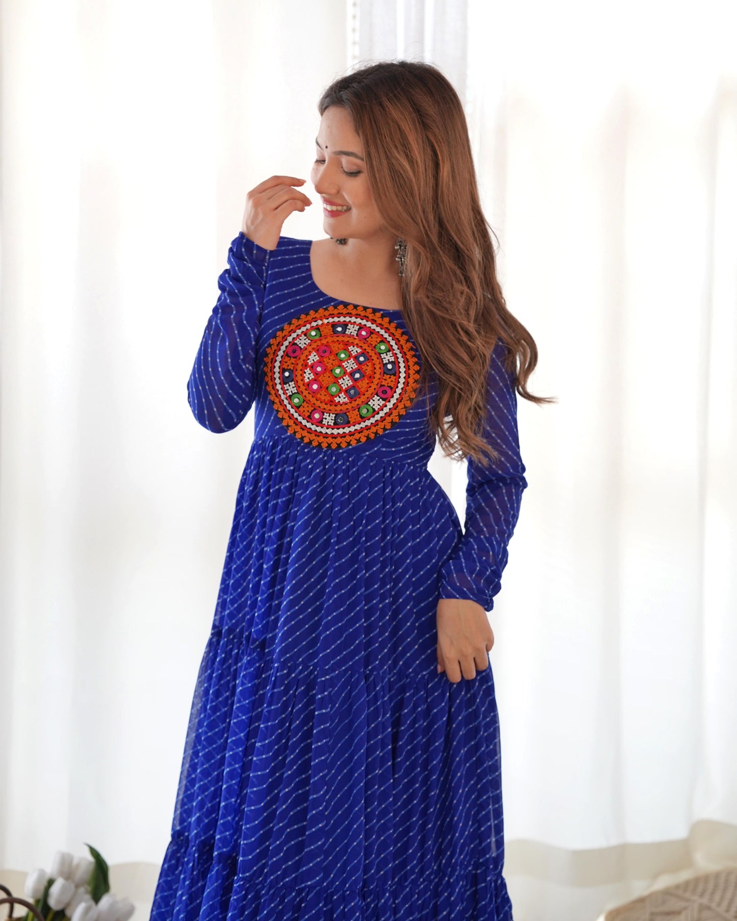 Georgette Laheriya Printed Yoke Work Gown