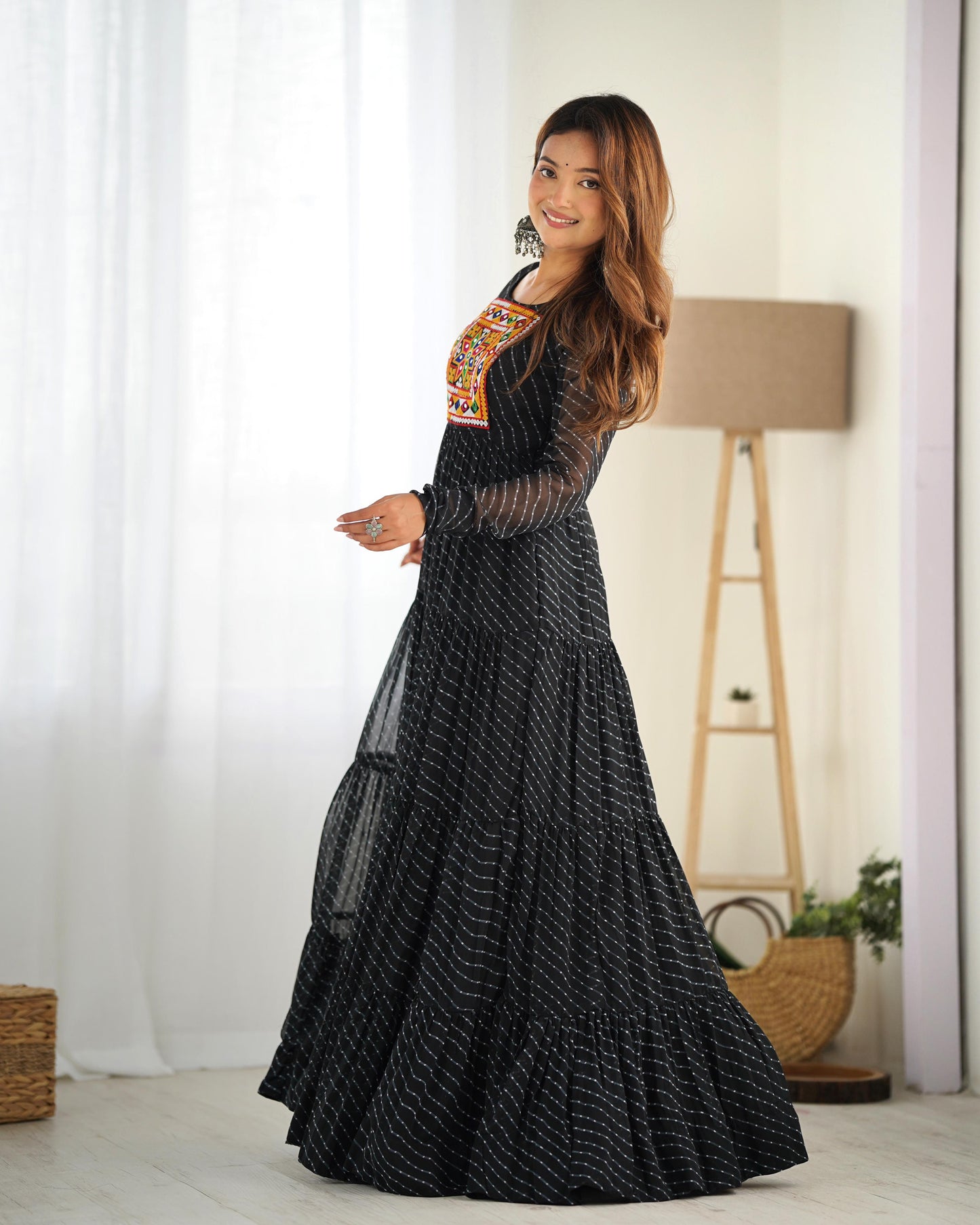 Georgette Laheriya Printed Yoke Work Gown