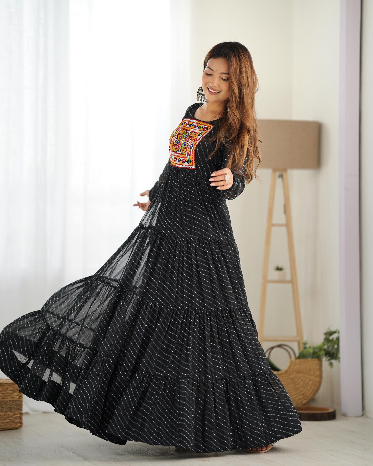 Georgette Laheriya Printed Yoke Work Gown