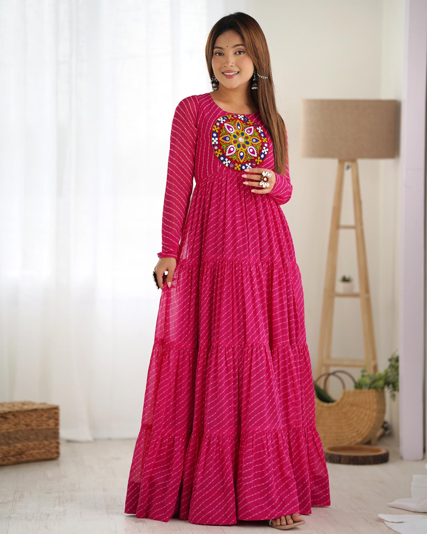 Georgette Laheriya Printed Yoke Work Gown