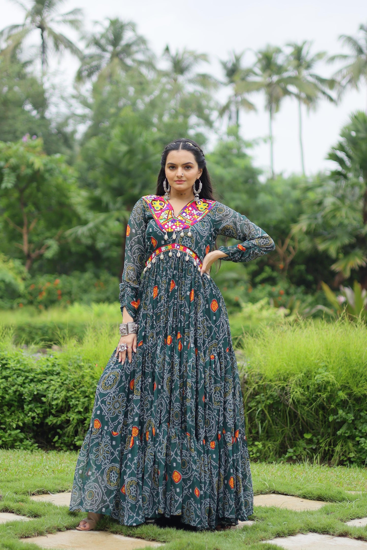 Georgette Bandhani Printed Kutchi Work Ruffle Gown