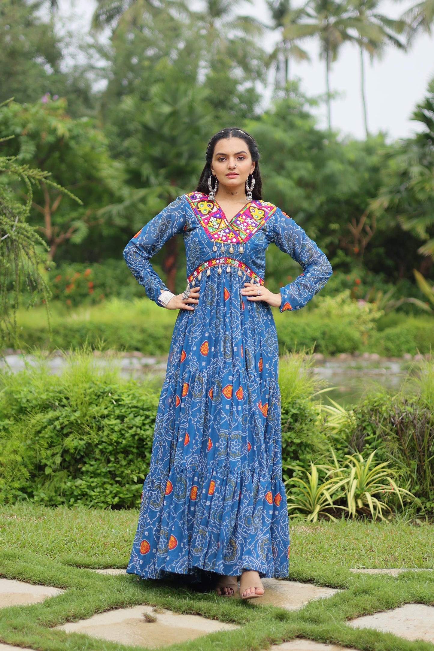 Georgette Bandhani Printed Kutchi Work Ruffle Gown