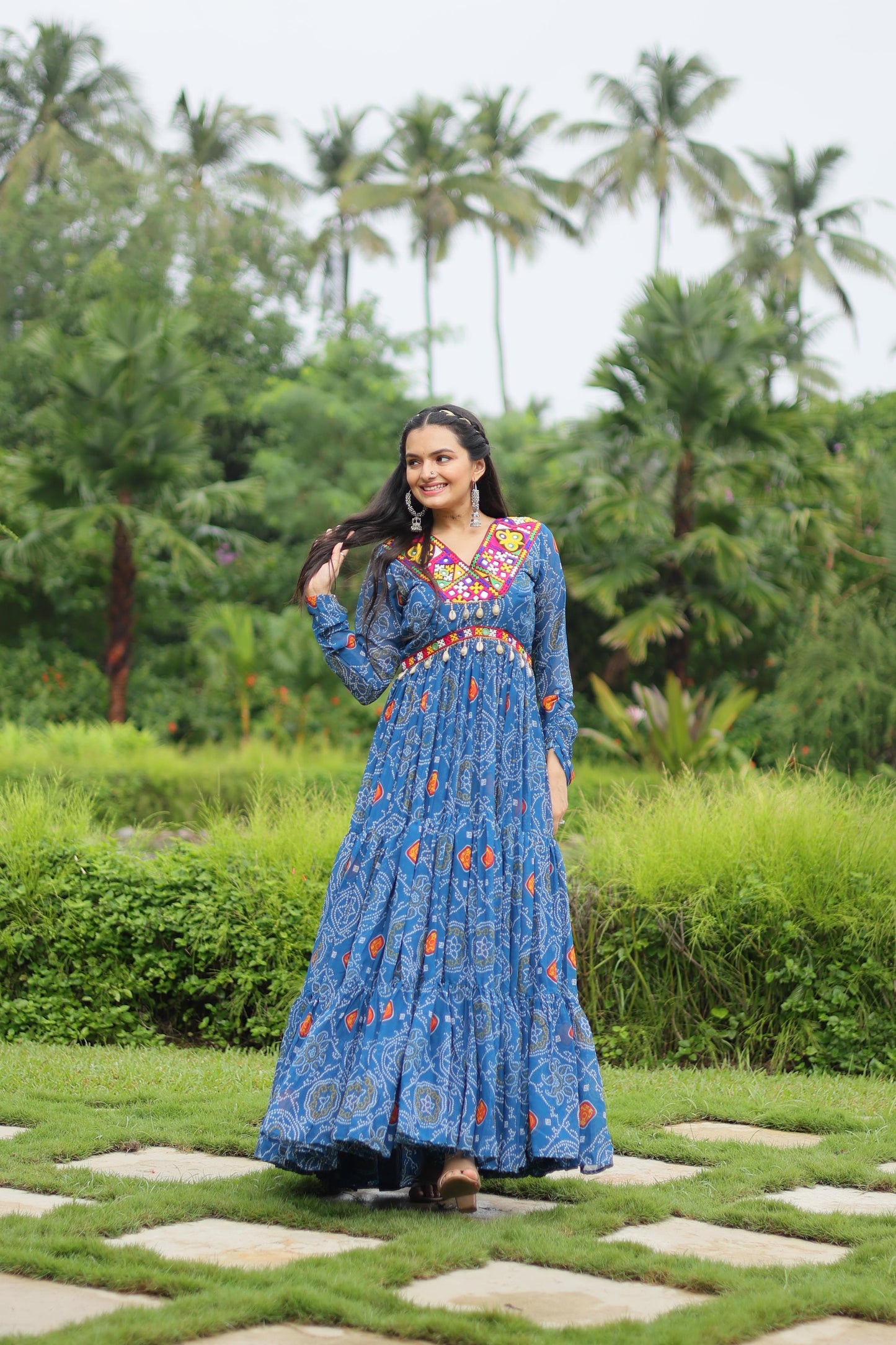 Georgette Bandhani Printed Kutchi Work Ruffle Gown