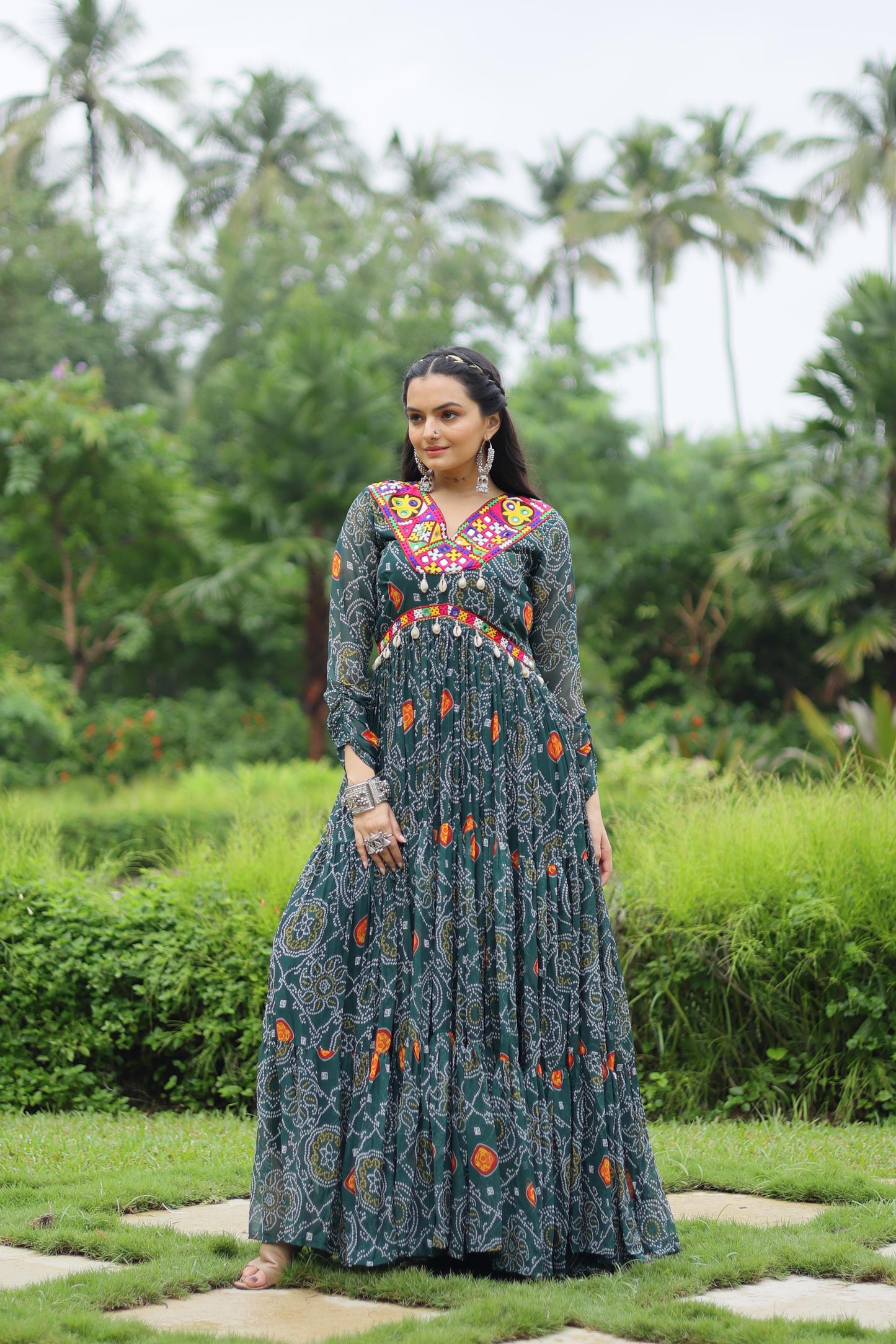 Georgette Bandhani Printed Kutchi Work Ruffle Gown