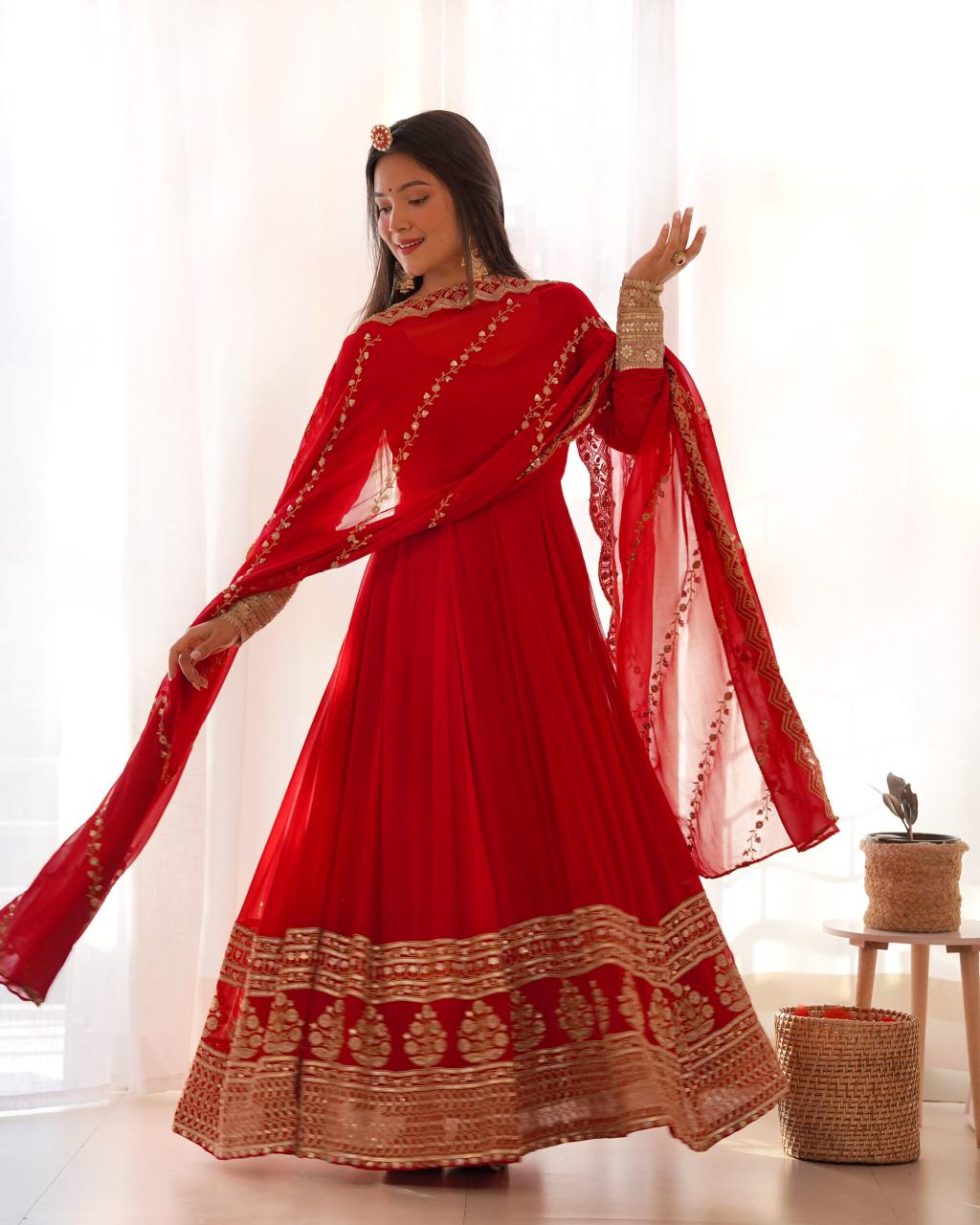 Red Georgette Heavy Sequins Work Anarkali Gown